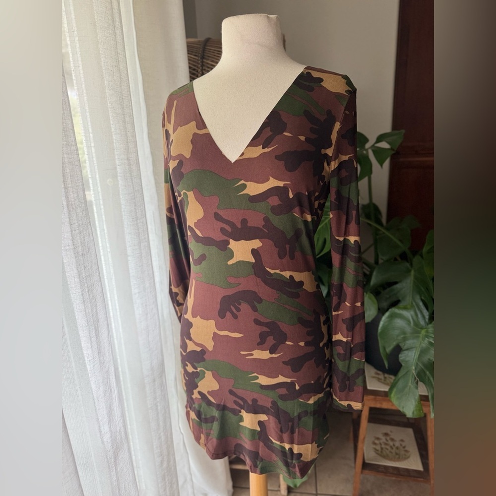 Camouflage V-Neck Long Sleeve Dress Army print camo‎ short